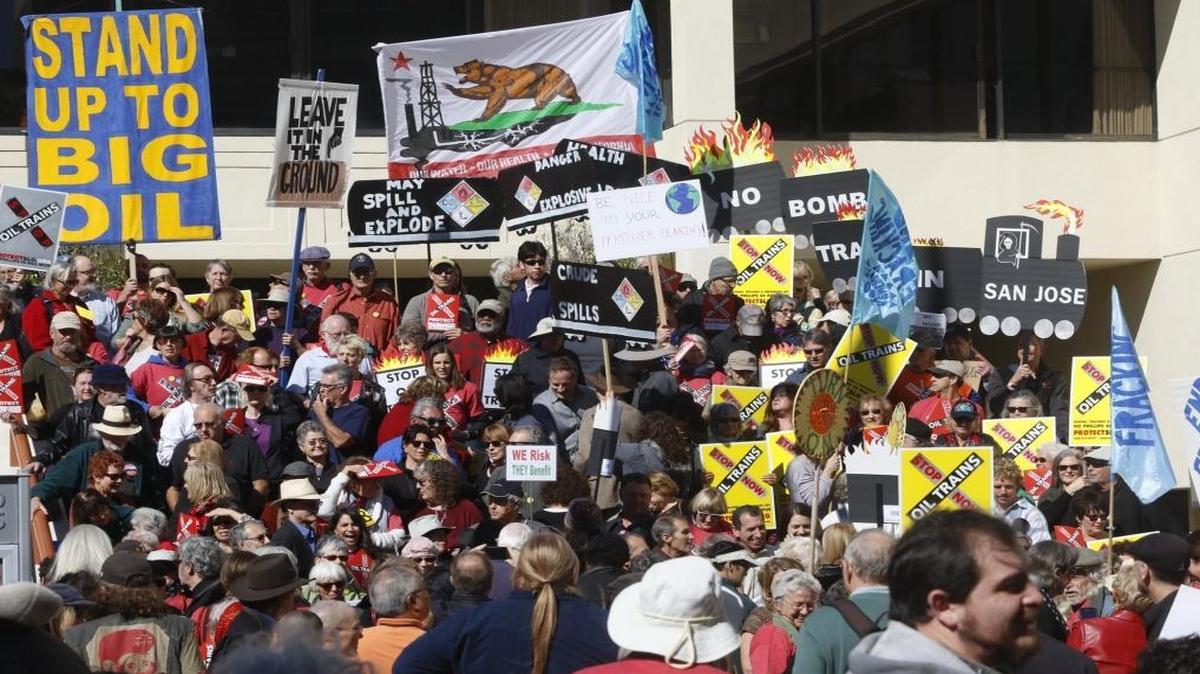 Opponents of a proposal by Phillips 66 to bring oil by rail to its Nipomo Mesa refinery, at a protest earlier this year outside a San Luis Obispo County Planning Commission meeting.
