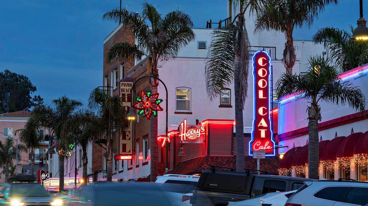 California is one of the top two U.S. destinations for Canadian visitors. Here, streets are lit up on a balmy night in Pismo Beach, a popular tourist spot on California’s Central Coast.