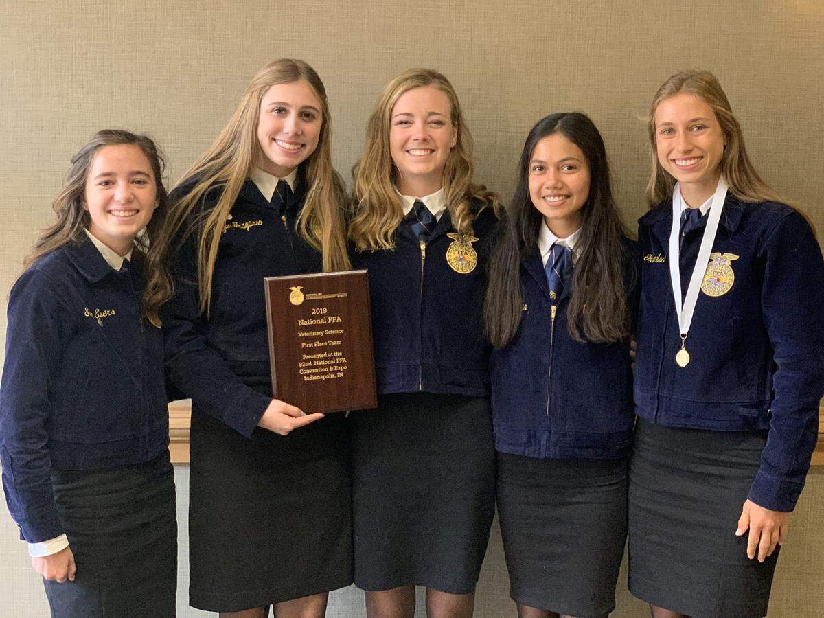 From left to right, San Luis Obispo High School veterinary science team members are Elyse Evers, Megan Fragasso, Sydney Cusick, Lizbeth Lua, and Grace Greenelsh. 