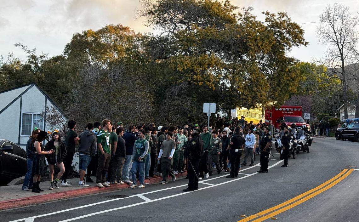Police told students gathering on Hathway Avenue in San Luis Obispo to “go home or get arrested” on the morning of March 15, 2025. The area is usually home to a raucous block party for St. Fratty’s Day.