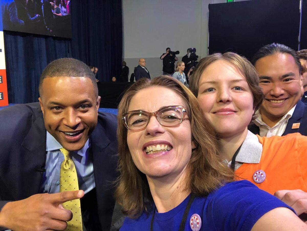 Dawn Addis (left-center) and Alexa Ford (right-center) meet with NBC’s Craig Melvin (left) at the first ever Presidential Forum on gun violence in Las Vegas, Nevada.