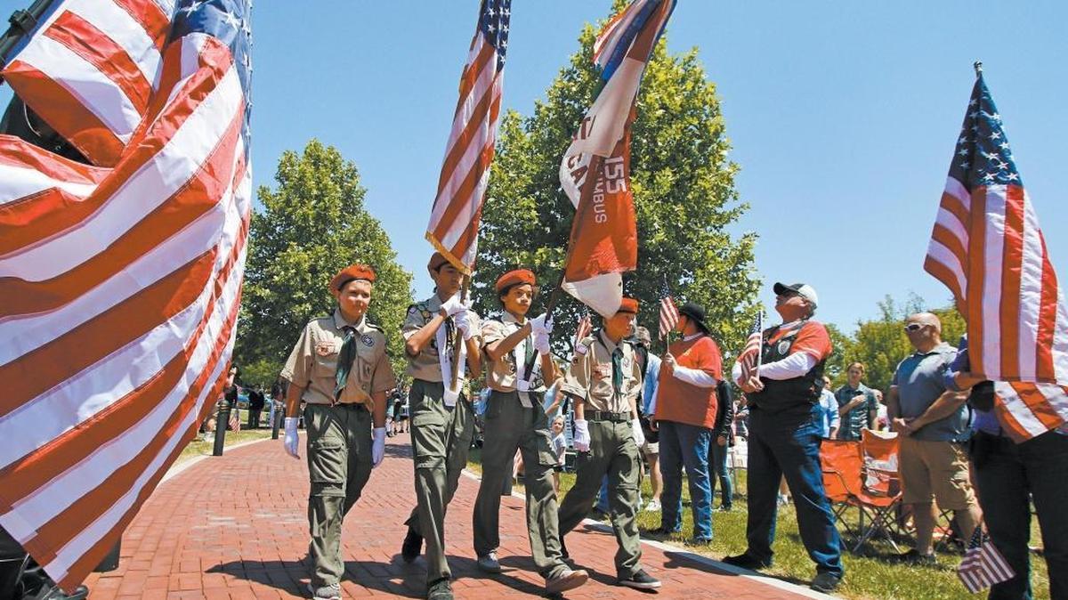 The presentation of colors, given by Boy Scout Troop No. 155, during a 2015 Memorial Day ceremony at the Faces of Freedom Veterans Memorial in Atascadero.