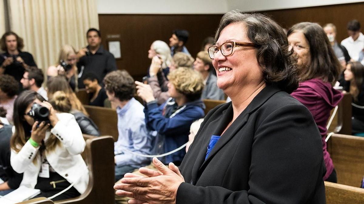Councilwoman Cathy Murillo was all smiles at City Hall Tuesday, November 7, 2017, as she watched the first results come in for the Santa Barbara mayor’s race. Early results showed Murillo leading the field.