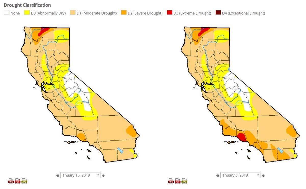 A U.S. Drought Monitor map shows how drought conditions in San Luis Obispo County improved from Jan. 8 to Jan. 15.