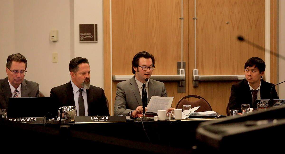 The California Coastal Commission held a hearing on the Morro Bay Sewer plant, Thursday, July 11, 2019. The commission voted unanimously 10-0 to approve the project. Speaking is Kevin Kahn, center, Coastal Commission Central Coast supervisor.
