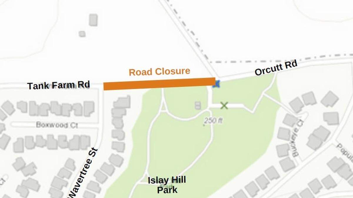 A portion of Tank Farm Road in San Luis Obispo will be closed for three months as work begins on a roundabout near Islay Hill Park.