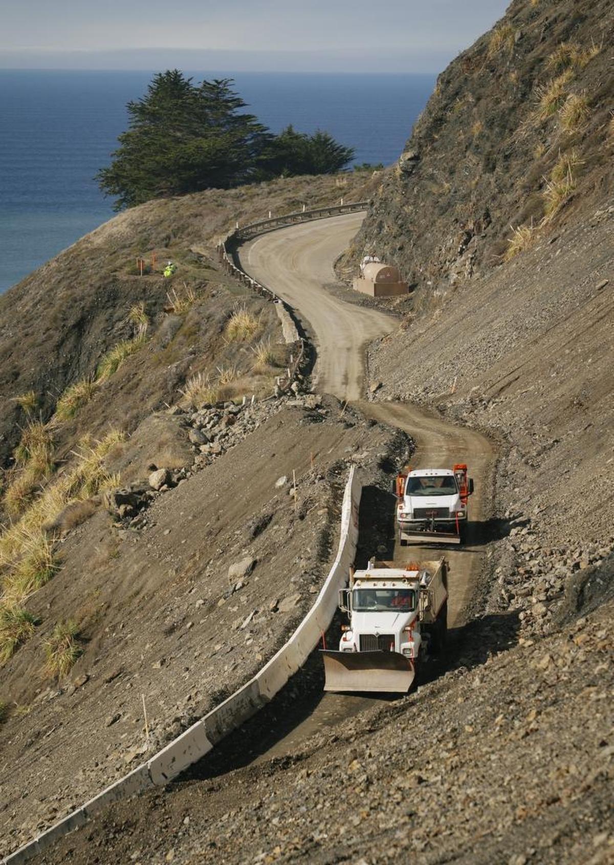 The new road over the Mud Creek Slide will be just to the left of this access road once a shelf is built up to support it.