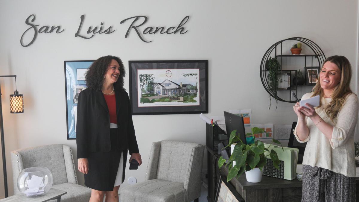 San Luis Obispo mayor Erica Stewart left, picked names in a lottery for affordable housing at San Luis Ranch in March 2022.