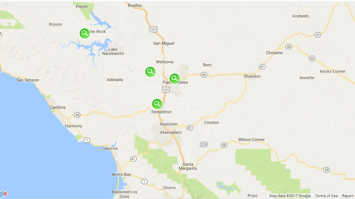 A screen grab from PG&E’s outage website shows power outages in North San Luis Obispo County Thursday morning. Outages in Templeton and Paso Robles are expected to be restored around 1 p.m.