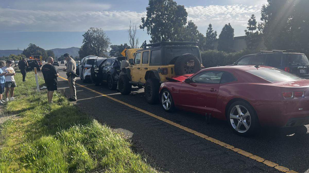 A crash involving six cars brought southbound traffic to a standstill on Highway 101 in San Luis Obispo on Feb. 28, 2025. The cars collided on the Madonna Road off-ramp, CHP said.