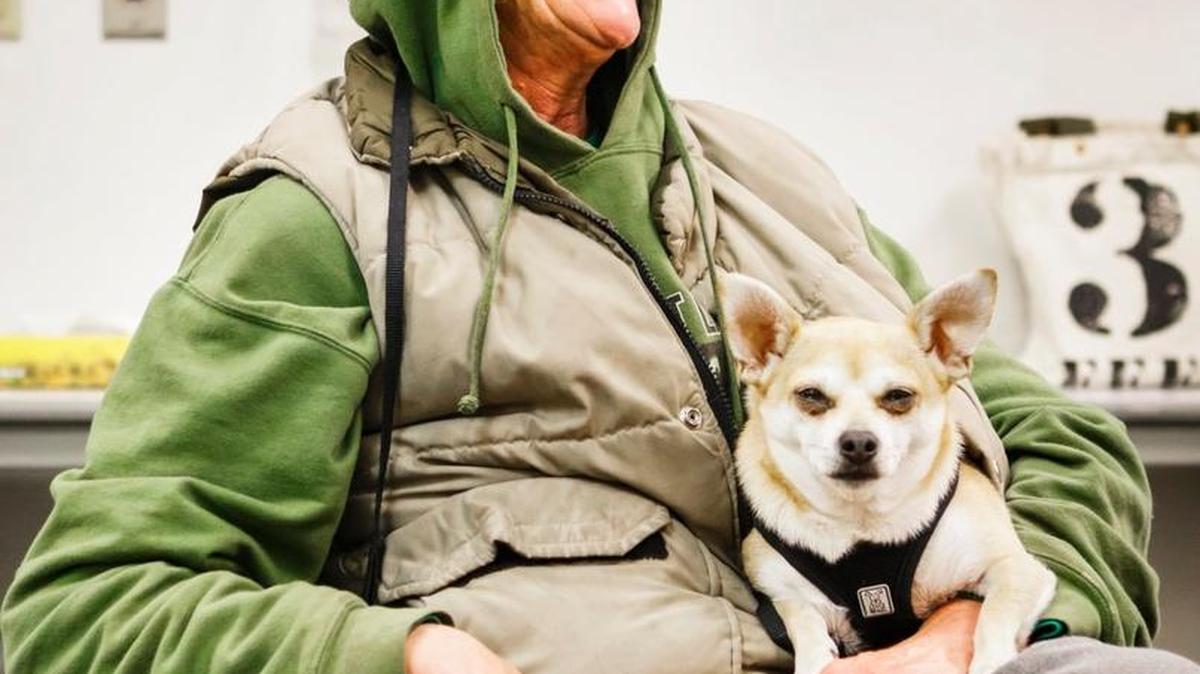 Sherri Colbry and her dog Baxter rest in a chair at the 5 Cities Homeless Coalition Warming Center at the department of Social Services in Arroyo Grande in January.