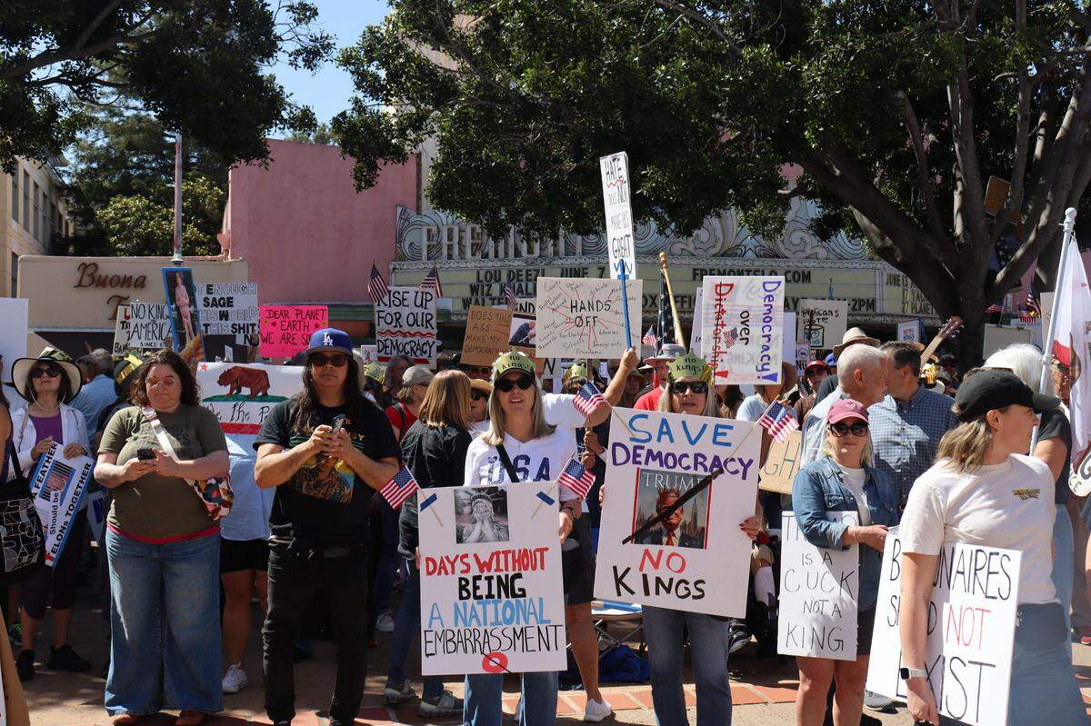 Protestors gathered in front of the courthouse in San Luis Obispo, for No Kings Day to protest executive overreach by the Trump administration on the president’s birthday.