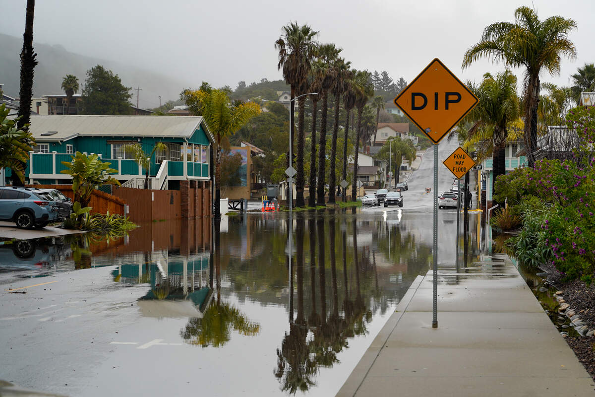 Front Street in Avila Beach was flooded during an atmospheric river storm on Feb. 13, 2025. 