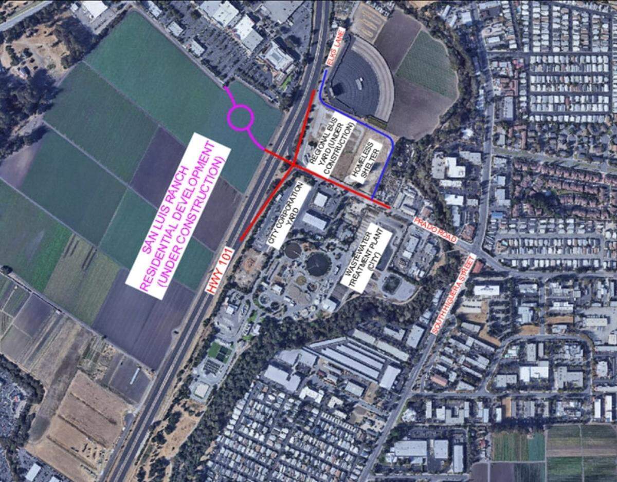 An aerial view of where the proposed new Prado Interchange would be added in SLO. The overpass is a critical piece of the city’s infrastructure planning to reduce traffic in the area.