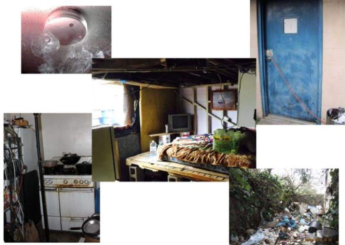 A collage of poor housing conditions shows a variety of substandard living situations in San Luis Obispo, including garbage piled up in a yard, overloaded electrical sockets, an illegal garage conversion and a unit powered by a single electrical wire strung through the doorknob.