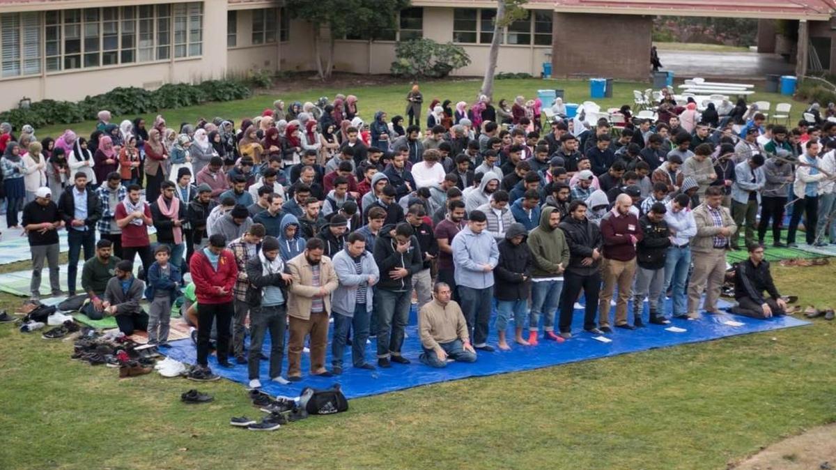 Muslim students pray in January 2016 at Cal Poly as part of the 18th annual MSA West conference.