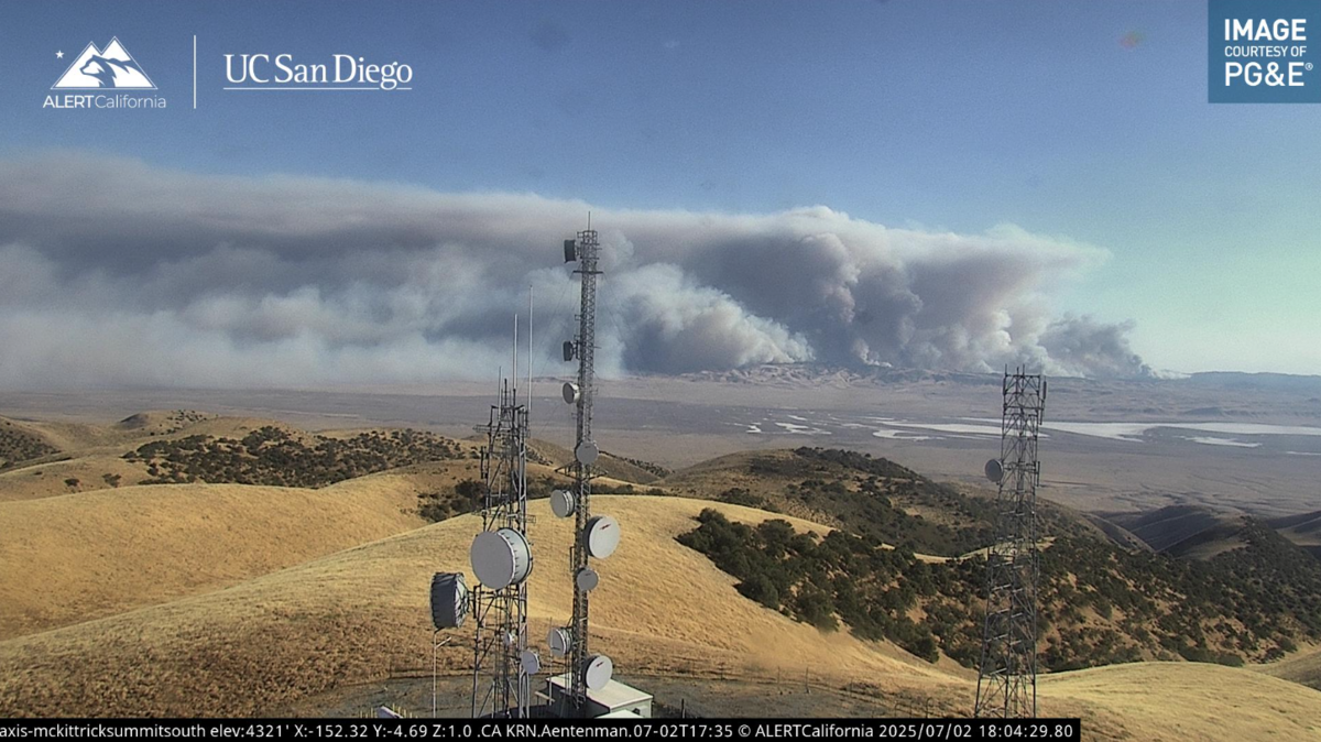 The Madre Fire burned thousands of acres along Highway 166 in eastern San Luis Obispo County on Wednesday, July 2, 2025. An ALERTCalifornia camera on McKittrick Summit showed a massive column of smoke.