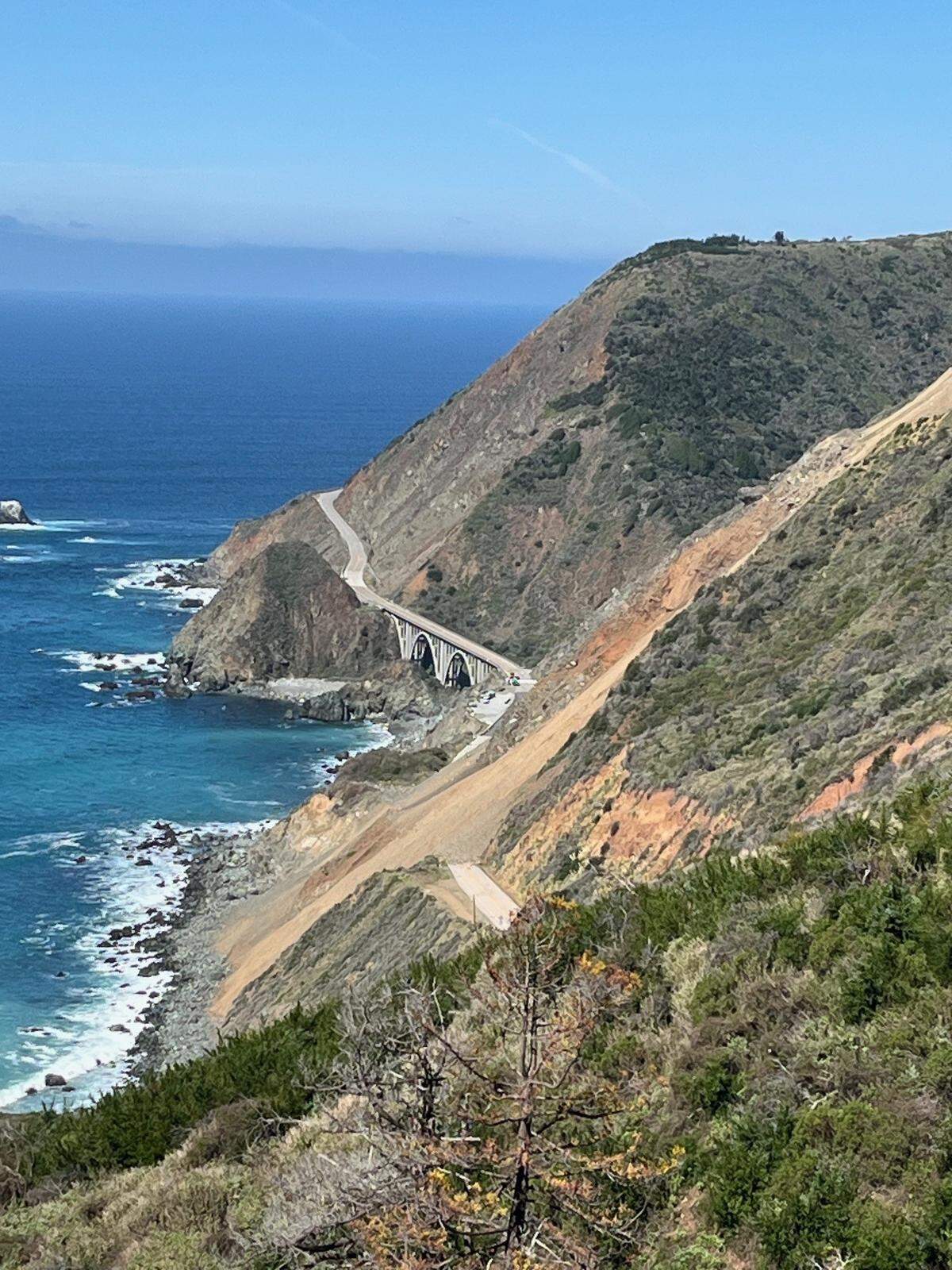 A massive landslide at the Regent’s Slide area of Highway 1 between Cambria and Carmel has kept the National Scenic Byway stretch closed to through traffic since February 2024. As of March 9, 2025, when this photo was taken, Caltrans wasn’t yet estimating a reopening date.