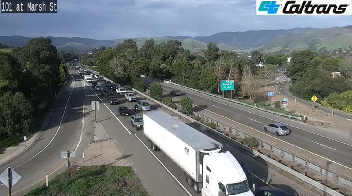 A crash involving six cars brought southbound traffic to a standstill on Highway 101 in San Luis Obispo on Feb. 28, 2025. The cars collided on the Madonna Road off-ramp, CHP said.