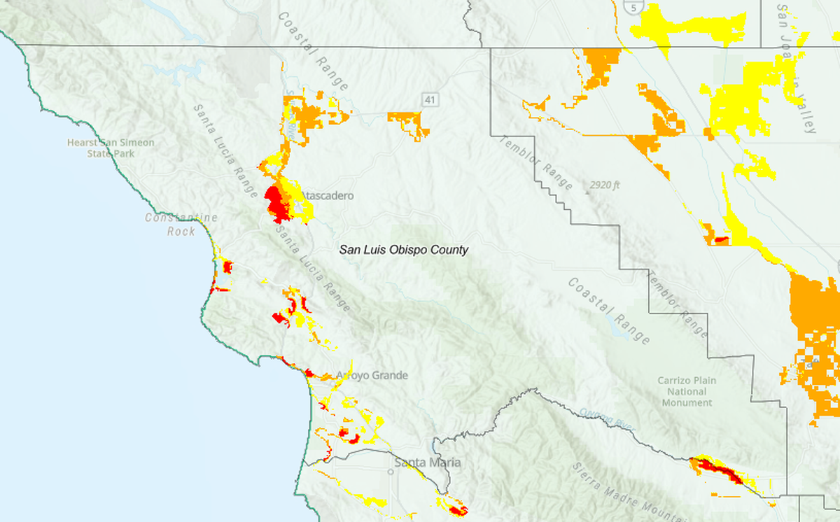 Cal Fire’s 2025 fire hazard severity zone map for San Luis Obispo County shows very high hazard areas in red, high hazard areas in orange and moderate hazard areas in yellow.