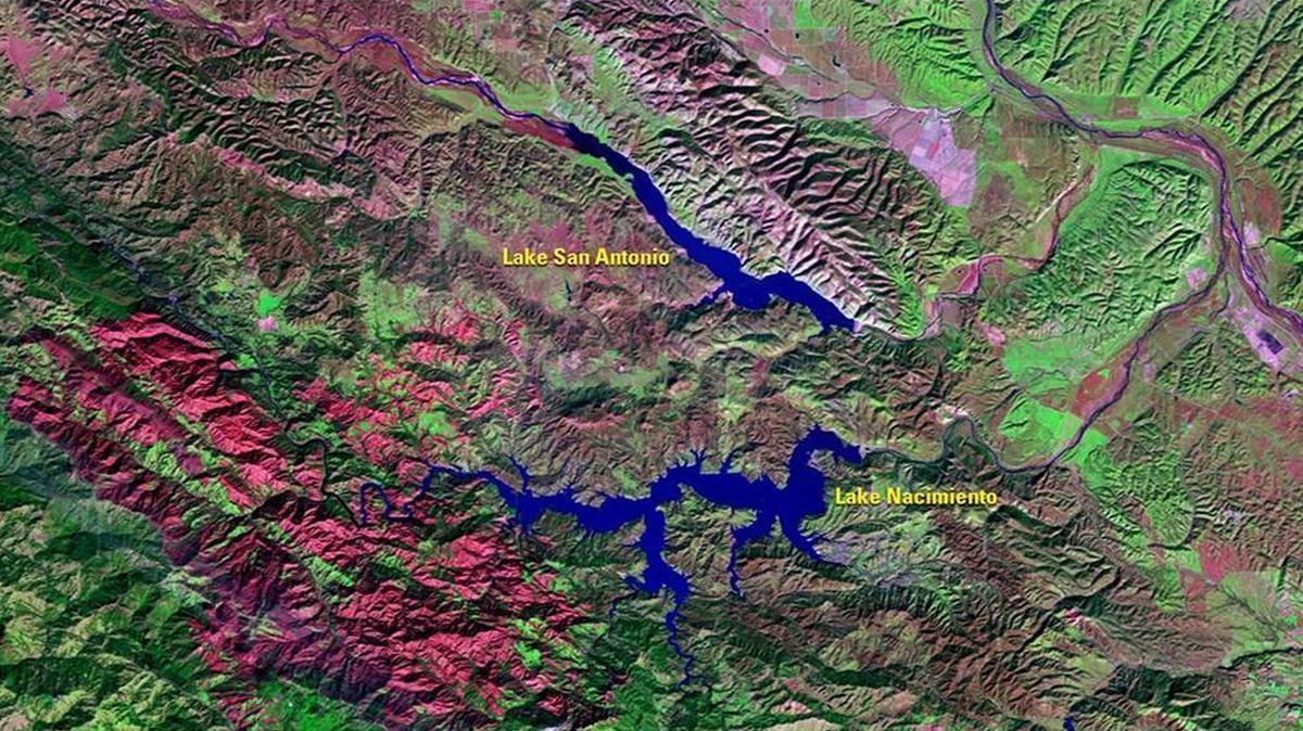 A Jan. 30, 2017, image from the Landsat 8 satellite reveals how a month of winter storms has transformed the water levels at Lake Nacimiento and Lake San Antonio.