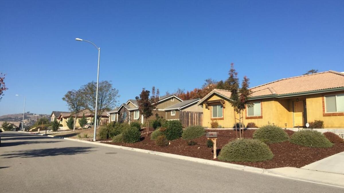 Homes in this east-side Paso Robles neighborhood show a typical sampling of the city’s mix of drought-tolerant landscaping, traditional turf and dying front lawns.