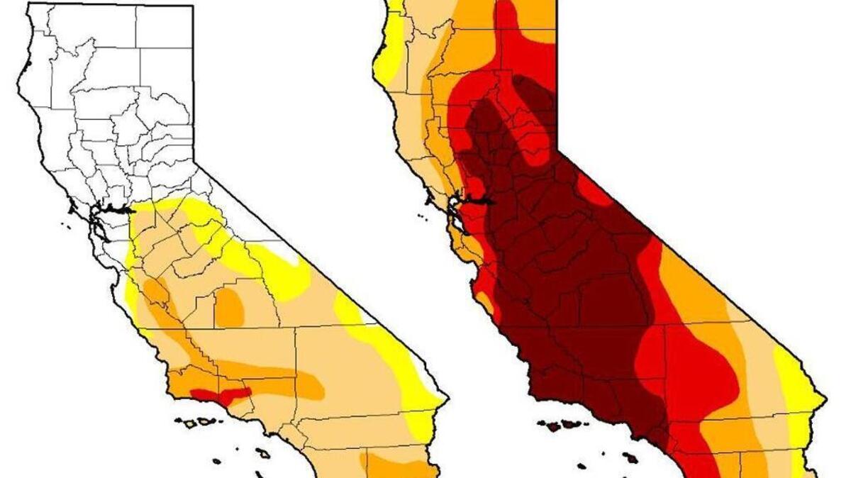 California no longer has any regions in exceptional drought. A comparison of the latest map released Thursday, left, to one year ago shows how much conditions have improved.