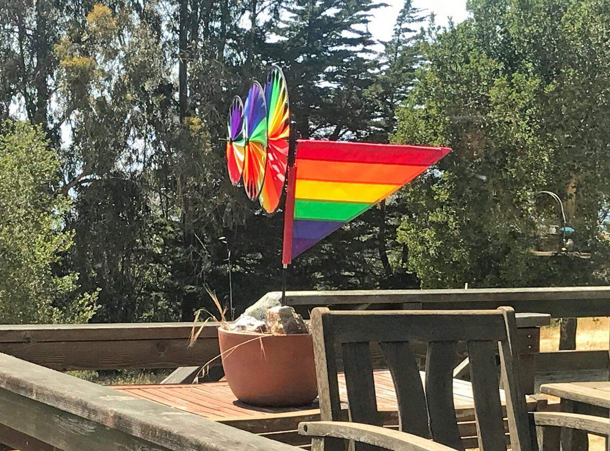 One of several garden spinners twirls colors and joy on the deck of columnist Kathe Tanner’s home in Cambria.