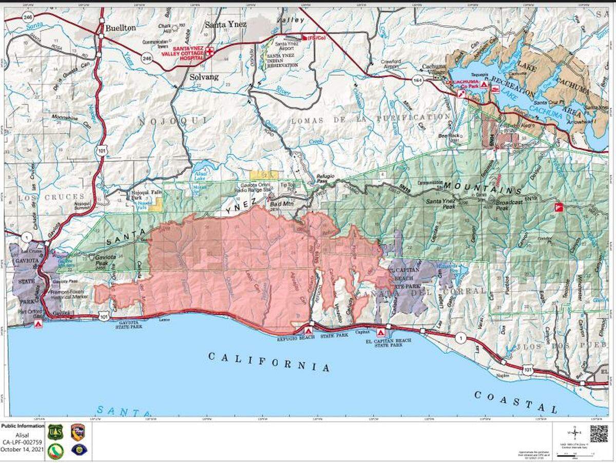 A U.S. Forest Service map shows the boundaries of the Alisal Fire burning in Santa Barbara County, which has scorched nearly 17,000 acres along the Gaviota coast.