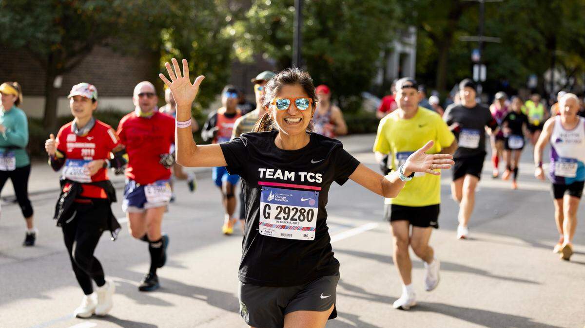 Cal Poly lecturer Nelly Caminada, pictured at 2022 Chicago Marathon, has now run in seven total marathons.