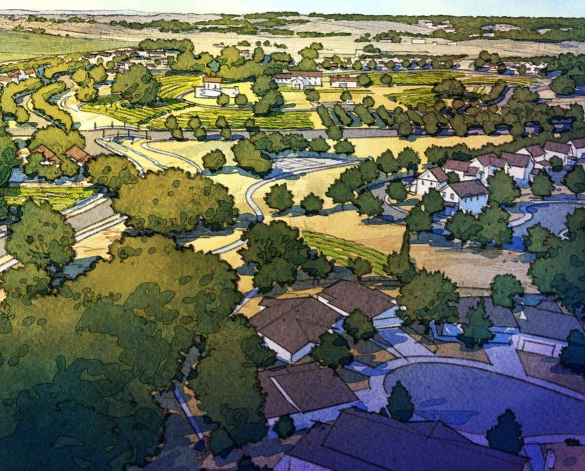 An artist’s rendering of the Viñedo community planned for the South Chandler Ranch-Olsen Ranch area on the east side of Paso Robles.
