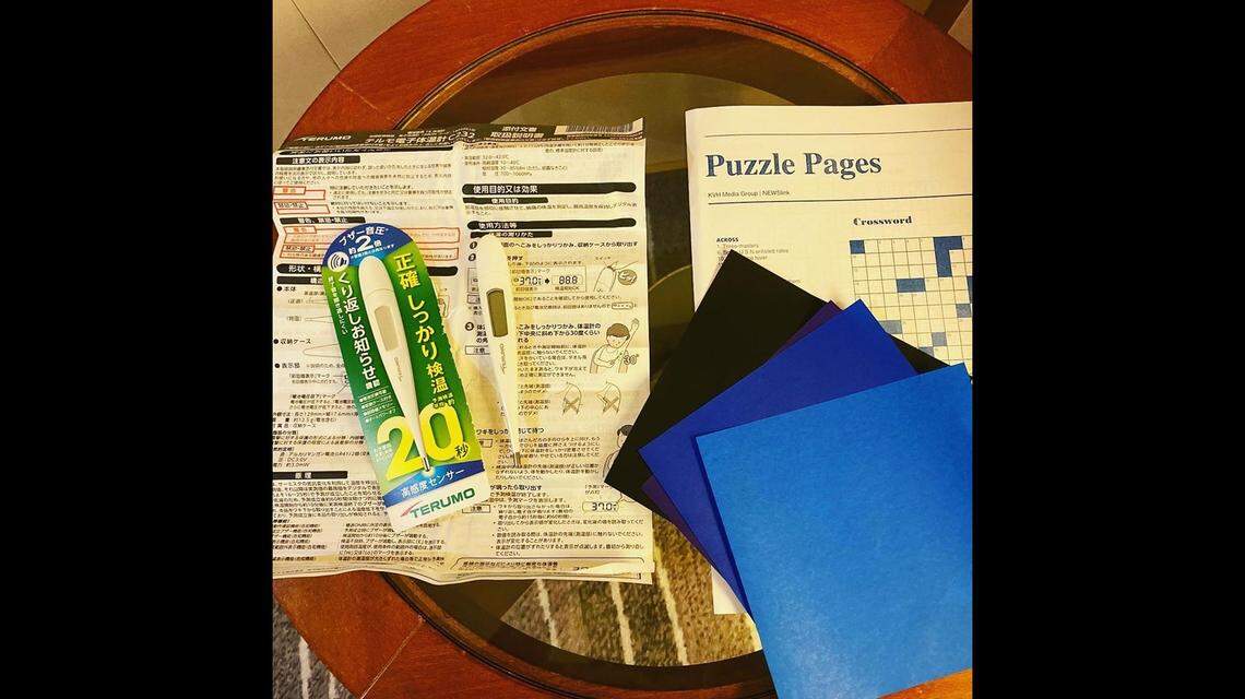 Sarah Arana, a Paso Robles medical social worker, has been quarantined on a Diamond Princess cruise ship off the coast of Japan after a coronavirus outbreak onboard. Arana has been sharing updates on her Facebook page, including this Feb. 7, 2020, photo of materials the ship has provided, including a Japanese thermometer, puzzle pages and origami paper.