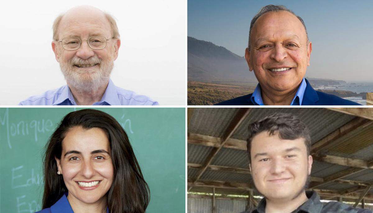 Four candidates are running to represent San Luis Obispo County in the State Senate. In District 17 — covering the northern portion of the county — incumbent John Laird, top left, is facing Republican challenger Tony Virrueta, top right. In District 21 — encompassing the South County — college student Elijah Mack, bottom right, is challenging incumbent Monique Limón, bottom left.