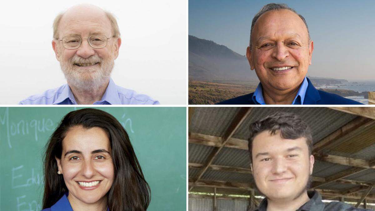 Four candidates are running to represent San Luis Obispo County in the State Senate. In District 17 — covering the northern portion of the county — incumbent John Laird, top left, is facing Republican challenger Tony Virrueta, top right. In District 21 — encompassing the South County — college student Elijah Mack, bottom right, is challenging incumbent Monique Limón, bottom left.