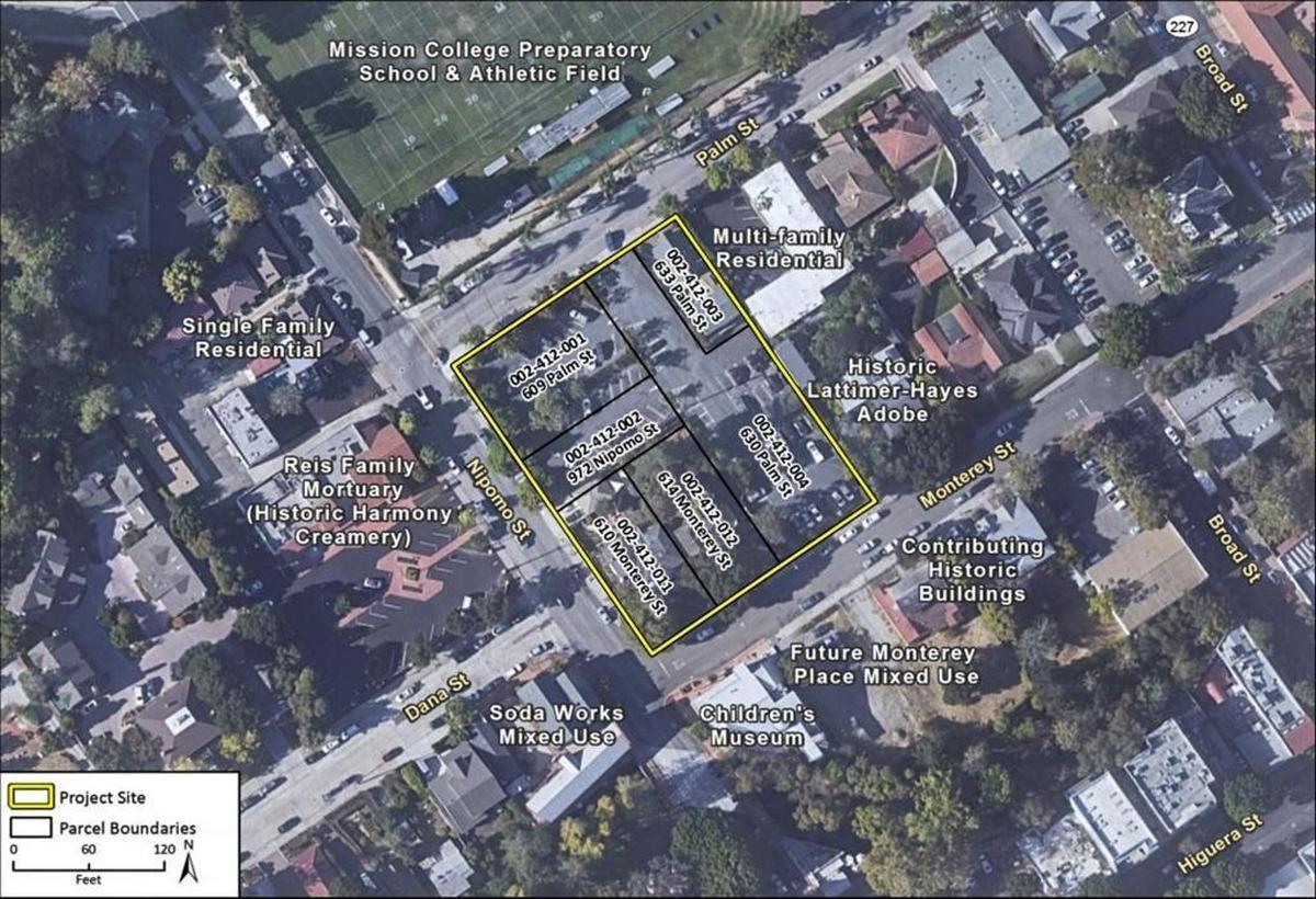 The parking garage project at Palm and Nipomo streets calls for five levels and up to 445 spaces, as well as 5,000 square feet of commercial space and a new three-story, 23,841-square-foot building for the San Luis Obispo Repertory Theatre.