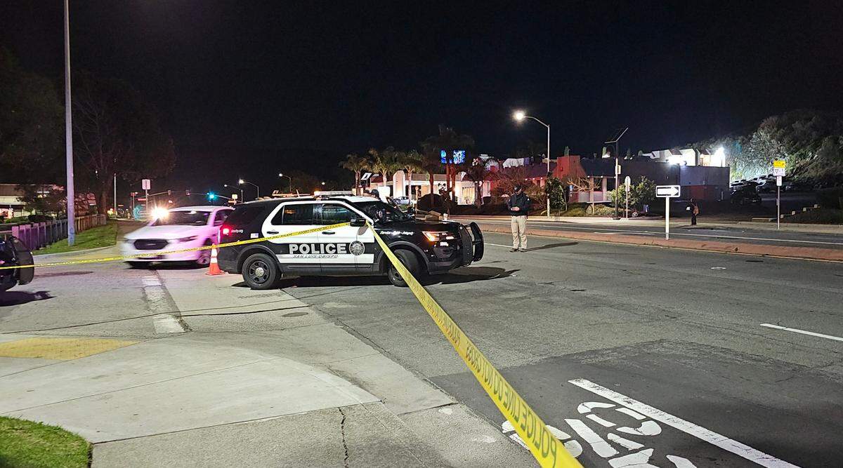 Police investigate a collision that critically injured a pedestrian Thursday night, Feb. 22, 2024, on Madonna Road near the Highway 101 entrance in San Luis Obispo.