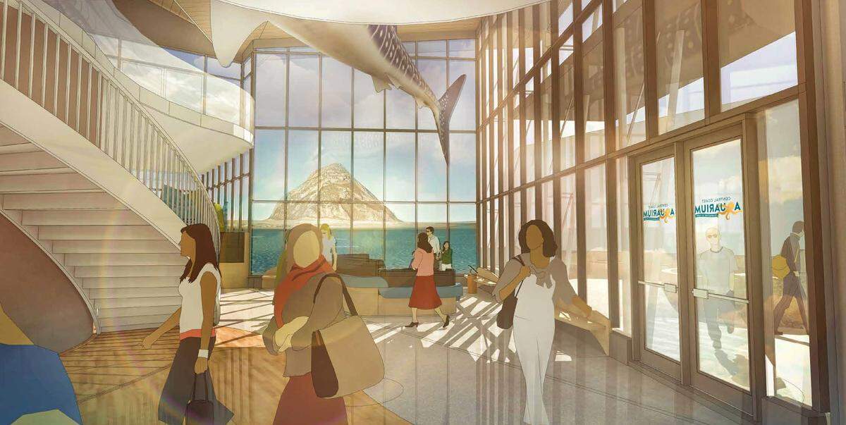 A concept for the entry of the proposed Morro Bay aquarium featured tall windows with a view of Morro Rock.