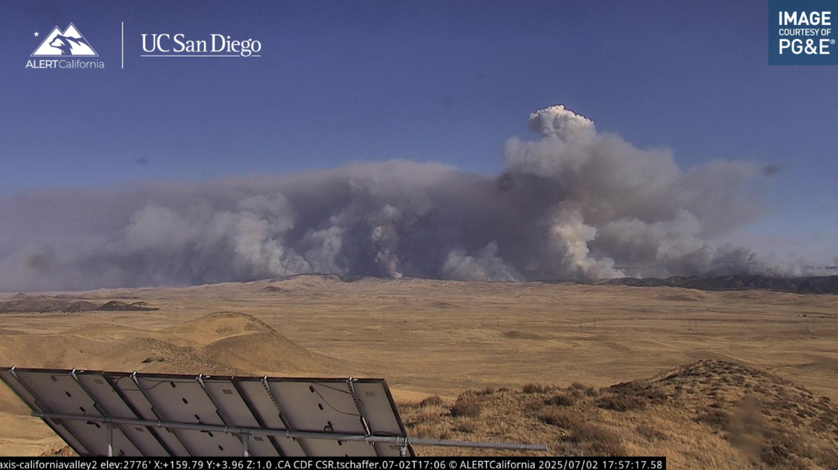 The Madre Fire burned thousands of acres along Highway 166 in eastern San Luis Obispo County on Wednesday, July 2, 2025. An ALERTCalifornia camera in California Valley Summit showed a massive column of smoke.