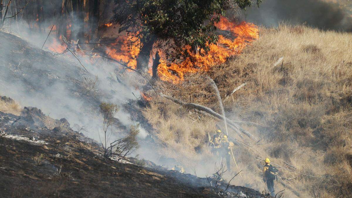 Firefighters battle a vegetation fire off Lizzie Street in San Luis Obispo on Monday, Oct. 30, 2023. The fire apparently started behind the FFA farm at San Luis Obispo High School. Nearby residents were ordered to evacuate.