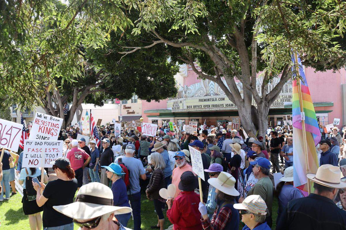 Protestors gathered in front of the courthouse in San Luis Obispo, for No Kings Day to protest executive overreach by the Trump administration on the president’s birthday.