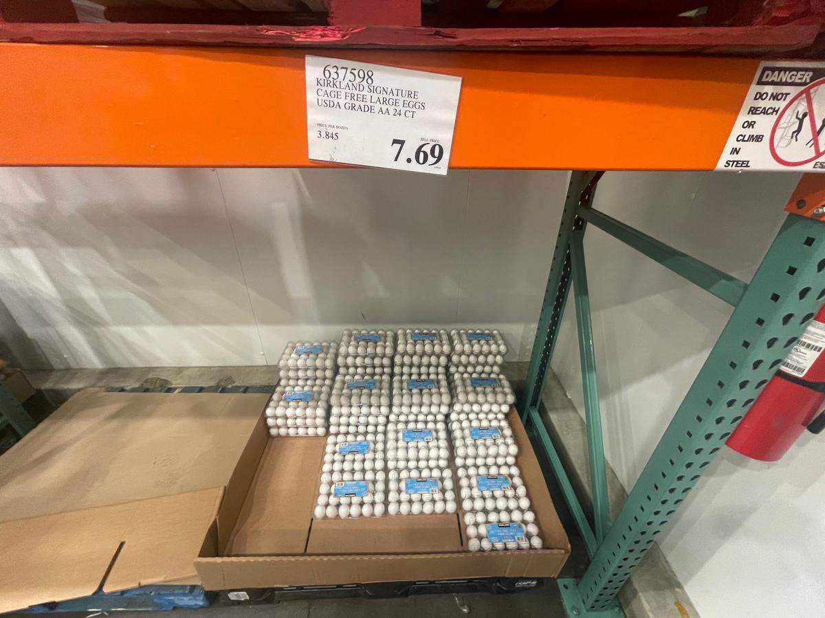 Costco was selling 24-packs of eggs at a price of $7.69 for Kirkland Signature Grade AA large eggs and $7.89 for Kirkland Signature Organic free-range eggs as of Jan. 15, 2025. The bulk retailer also had a sign up advertising crates of 60 eggs for $18.69, though those were all sold out.&nbsp;
