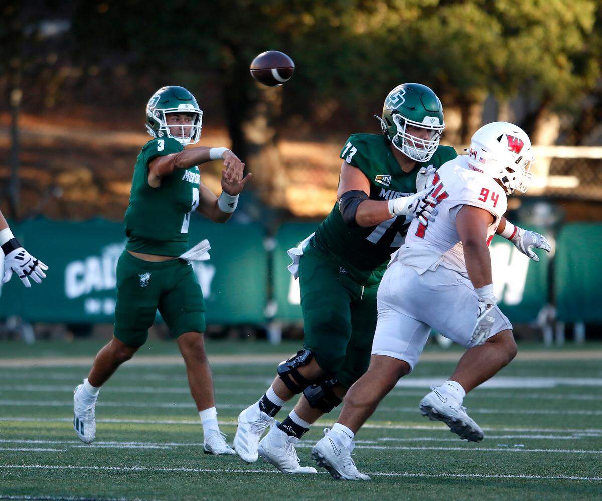 Mustang quarterback Bo Kelly throws a pass as Cal Poly SLO football beat Western Oregon 31-14 at Mustang Memorial Field on Sept. 14, 2024.
