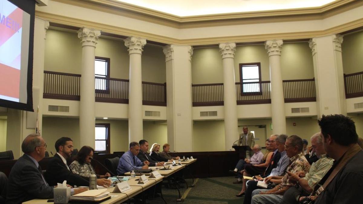 From left to right, Atascadero mayoral candidates Tom O’Malley, Nicholas Mattson and Ann Ketcherside and City Council candidates Charles Bourbeau, Daniel Eister, Roberta Fonzi and Bret Heinemann gather for a candidate forum at City Hall.