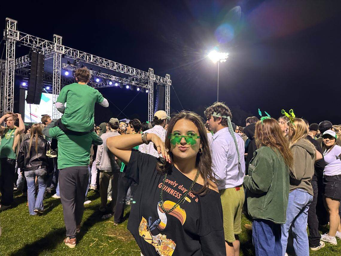 Cal Poly hosted an early morning music festival featuring EDM artists Zhu and Galantis on campus in hopes of drawing students out of the streets on St. Fratty’s Day, March 15, 2025. Student Charlotte Sheya, pictured above, said the concert was “going really well” as of Saturday morning.