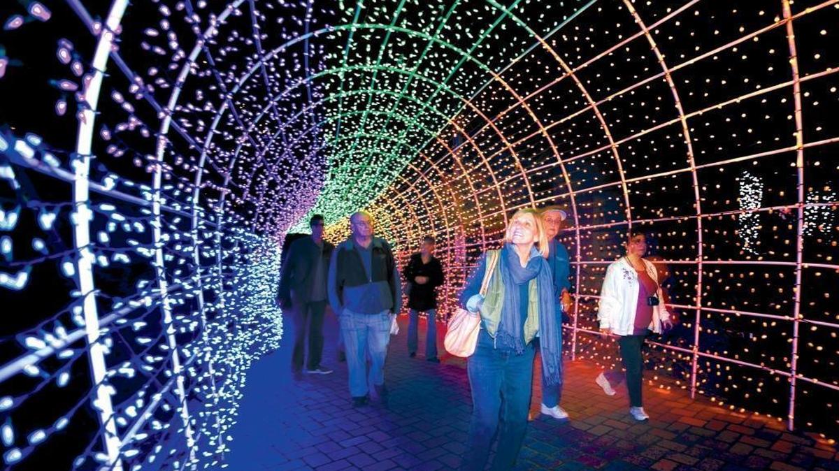Donna Hoppe of Cambria gazes up at the lighted tunnel which greets visitors to the Cambria Christmas Market, running Sunday through Dec. 23.