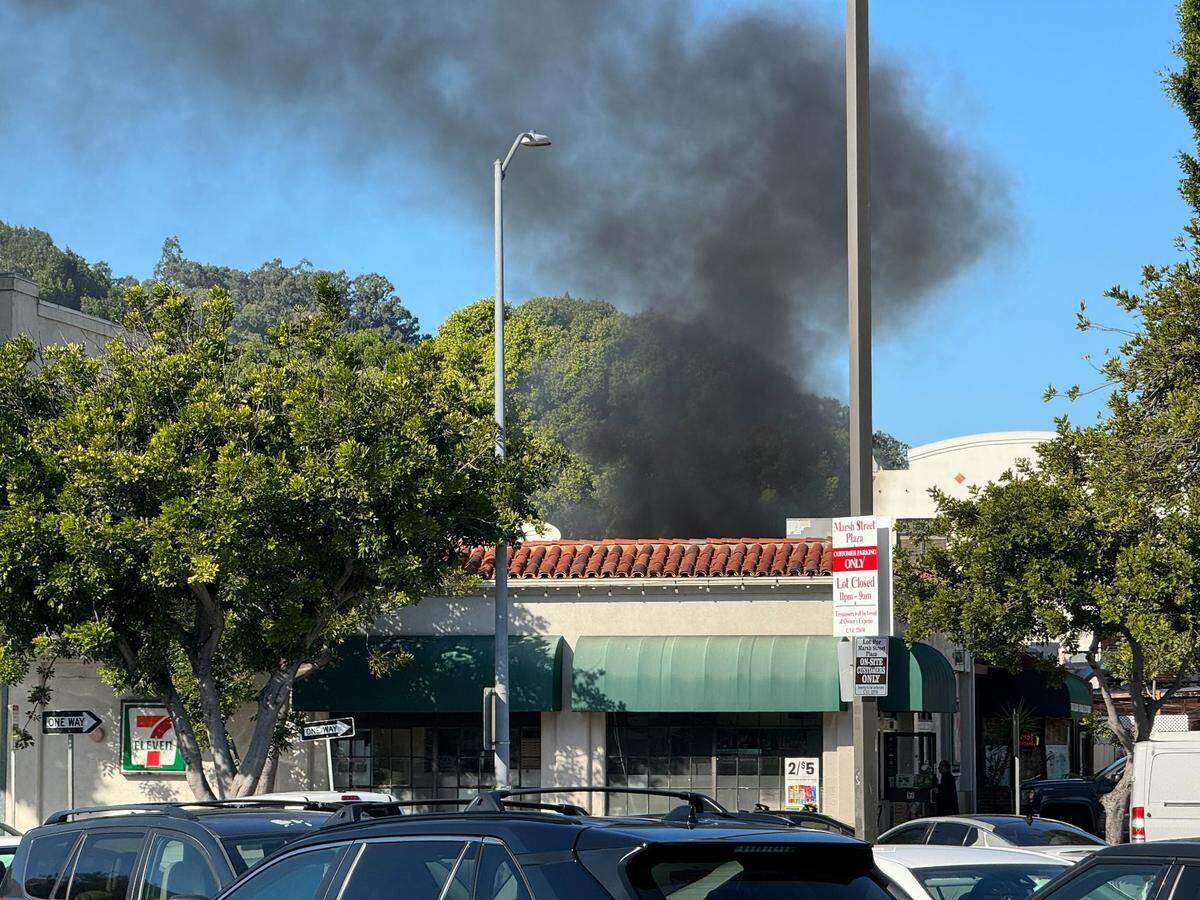 A fire broke out in the 600 block of Higuera Street in downtown San Luis Obispo. Dark smoke could be seen in the area, as in this view from Marsh Street.