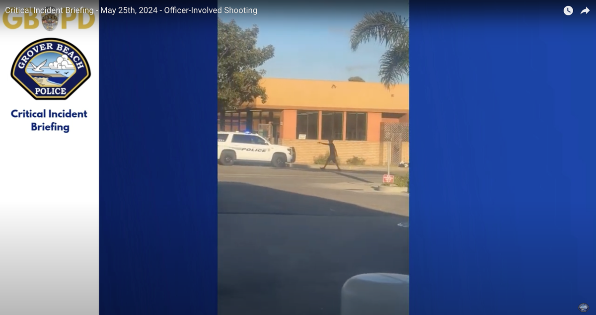 Cellphone video taken by a bystander shows Aaron Edward Gardner, 41, of Independence, Missouri, raising a replica firearm and pointing it at a Grover Beach police officer, who then shot Gardner, during an incident on May 25, 2024, at the corner of Grand Avenue and 13th Street. Gardner died later at Arroyo Grande Community Hospital.