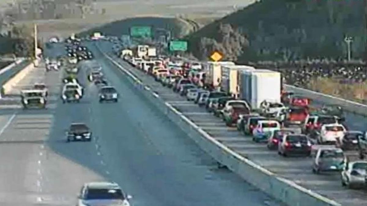 Traffic backs up on Highway 101 near the Santa Maria Speedway after a semi-truck caught fire Wednesday morning.