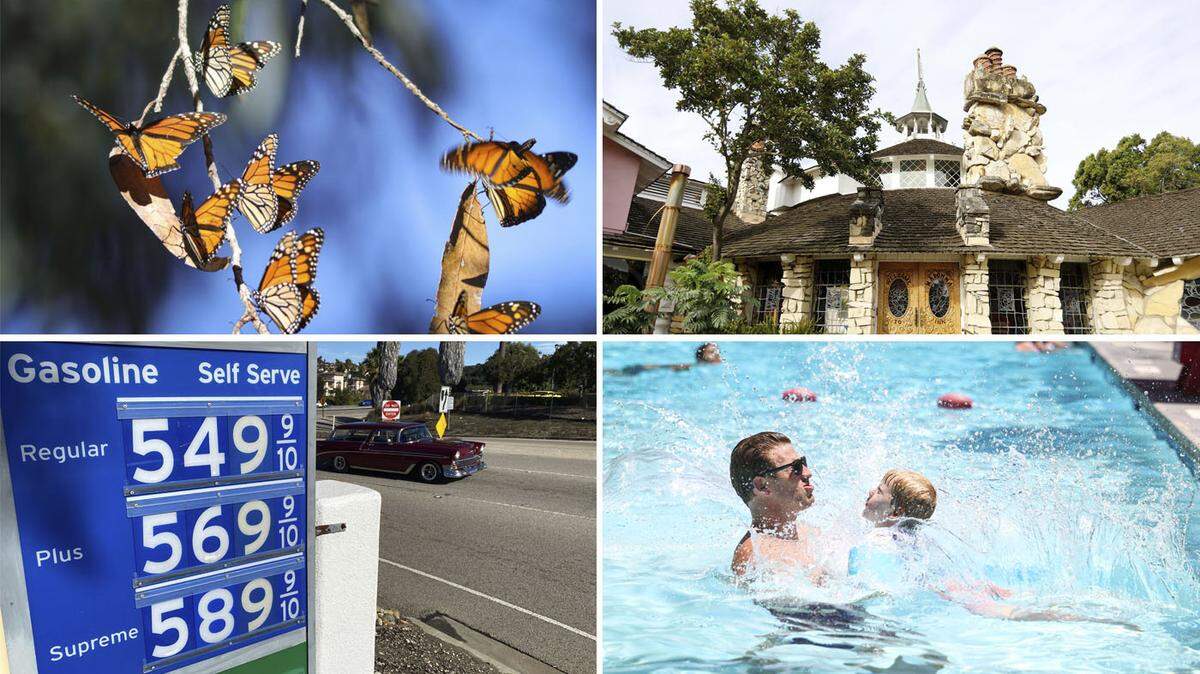 Clockwise from left: Monarch butterflies at Pismo Beach; SLO’s iconic Madonna Inn; Grant Craton catches his son Finn, 4, on a hot summer day at Templeton pool; gas prices among nation’s highest.