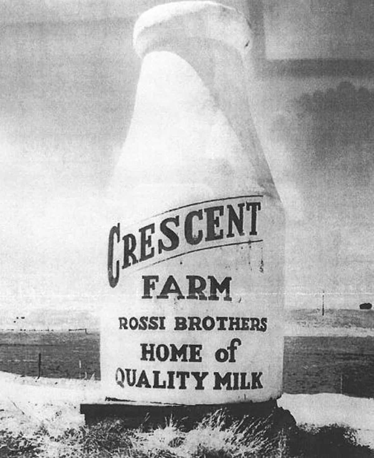 The Templeton milk bottle in its original state, during its days as an advertisement for Crescent Farm, a dairy run by the Rossi family.